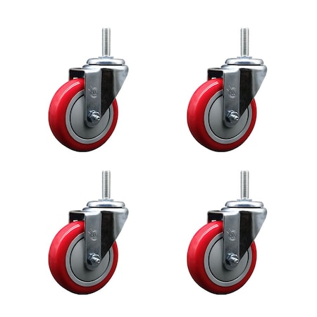 Service Caster 4 Inch Red Polyurethane Wheel Swivel 34 Inch Threaded Stem Caster Set Service Caster SCC-TS20S414-PPUB-RED-34212-4
